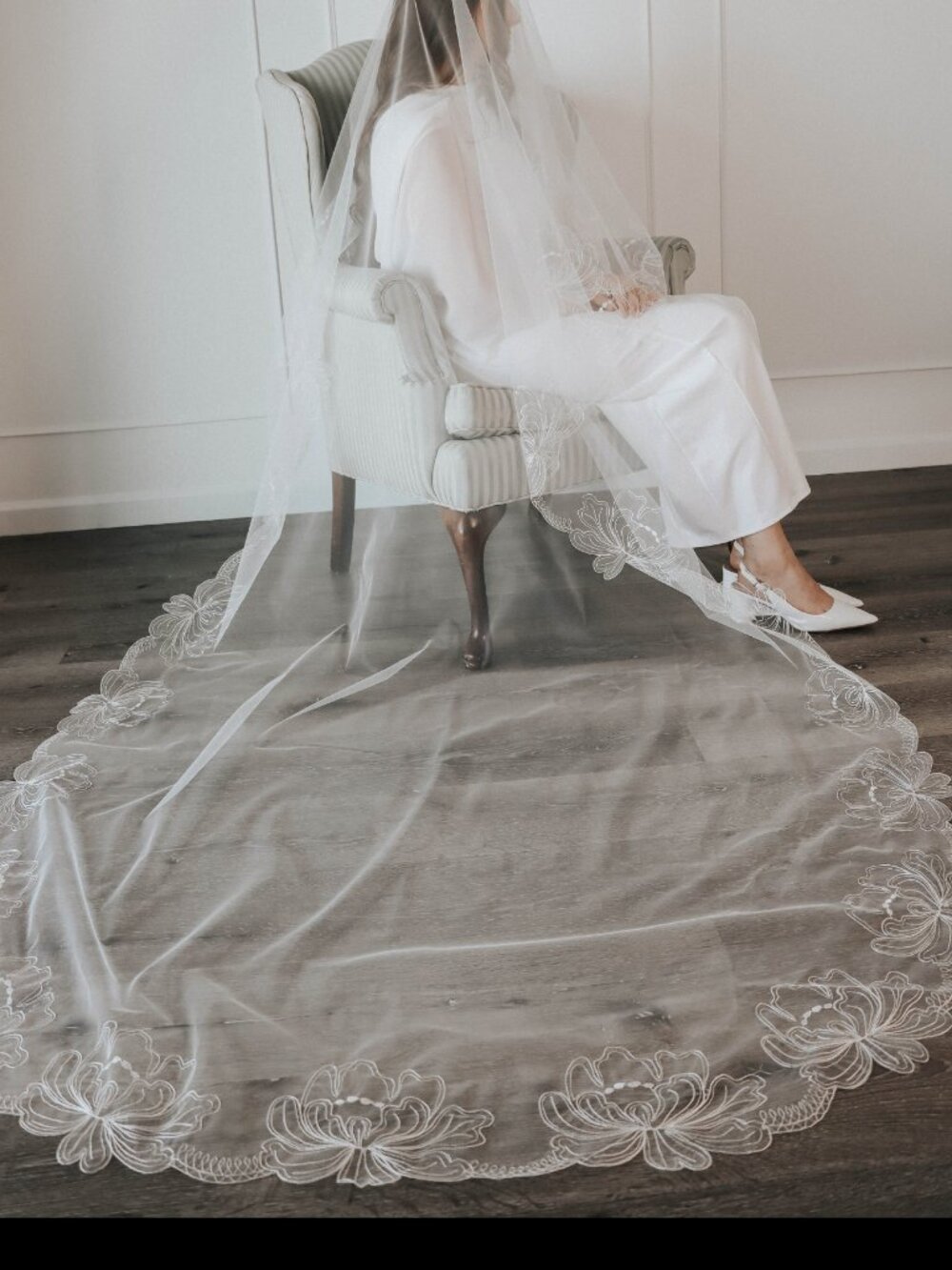 Chapel Length Peony Flower Embroidered Wedding Veil